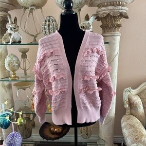Zara Structured Knit Cardigan Jacket Pink Size Small Ruffled